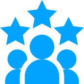 Three blue silhouettes of people beneath three blue stars.