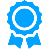 Blue award ribbon icon with circular center and two ribbon tails.