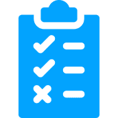 Blue clipboard icon with three lines: two with check marks and one with an "X".