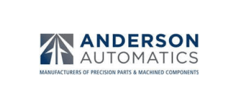 Logo of Anderson Automatics with a stylized design and text stating "Manufacturers of precision parts & machined components.