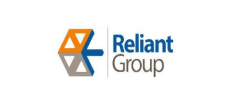 Logo for Reliant Group featuring an abstract geometric shape in orange, gray, and white, with the words "Reliant Group" in blue and gray on the right.