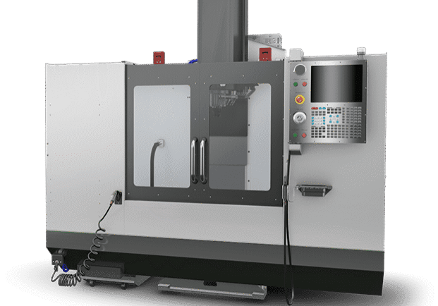 A vertical CNC milling machine with a digital control panel and a closed cutting chamber.